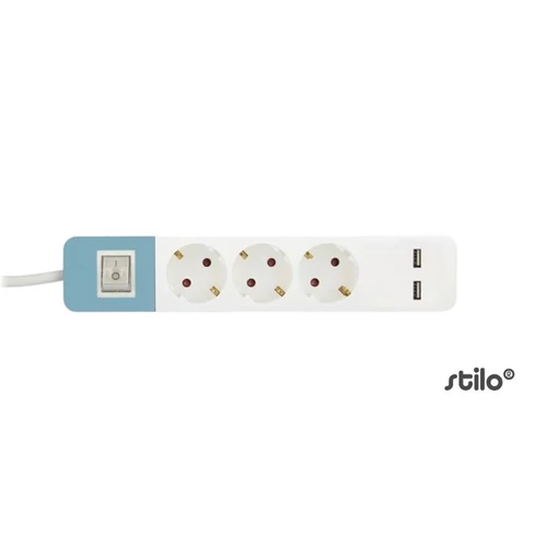  Hálózati elosztó 3db aljzat 1,5fm vezetékkel, kapcsolóval, 2db USB port