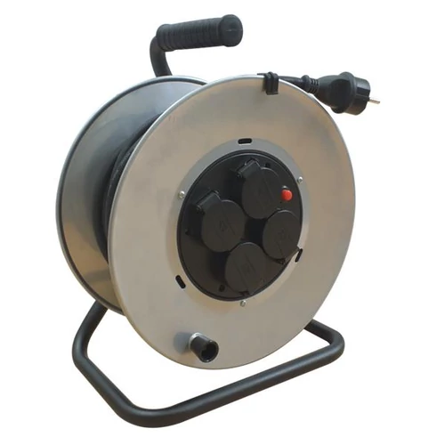 Kábeldobos hosszabbító, fémvázzal 4×SCHUKO, 25m, 250V AC, 16A, 3×2,5mm2, H07RN-F, IP44