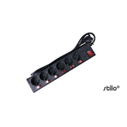 Stilo Hosszabbító 6db aljzat, 1.5fm vezetékkel, villámvédelemmel, 6+1 kapcs., fekete